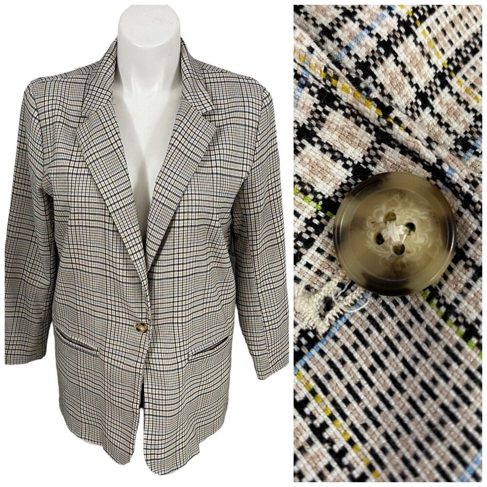 SO Blazer Womens Large Light Academia Jacket Work Office Casual Preppy Tan Plaid